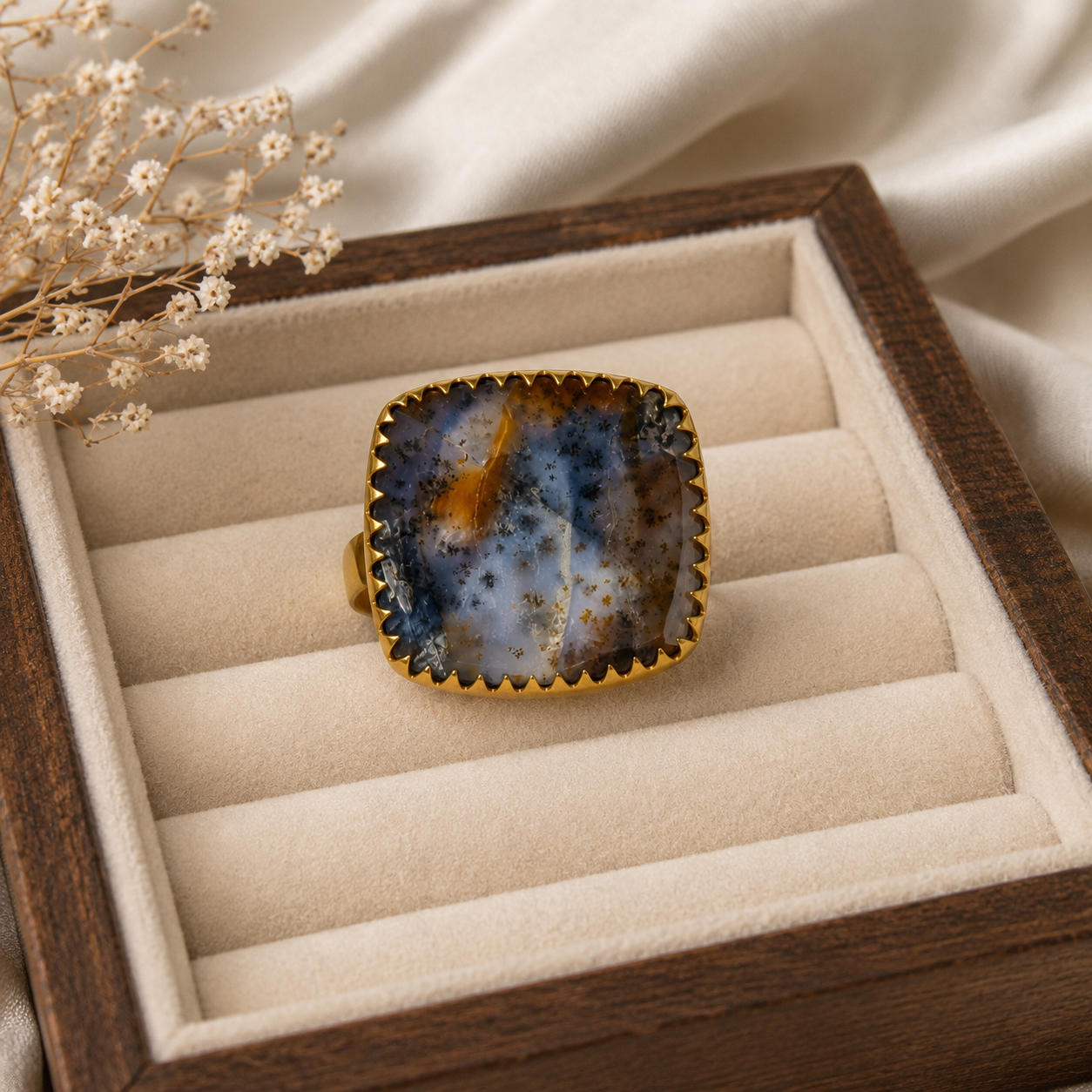 Twilight Matrix Cushion Ring – Gold Plated Dendritic Agate Statement Cocktail Ring