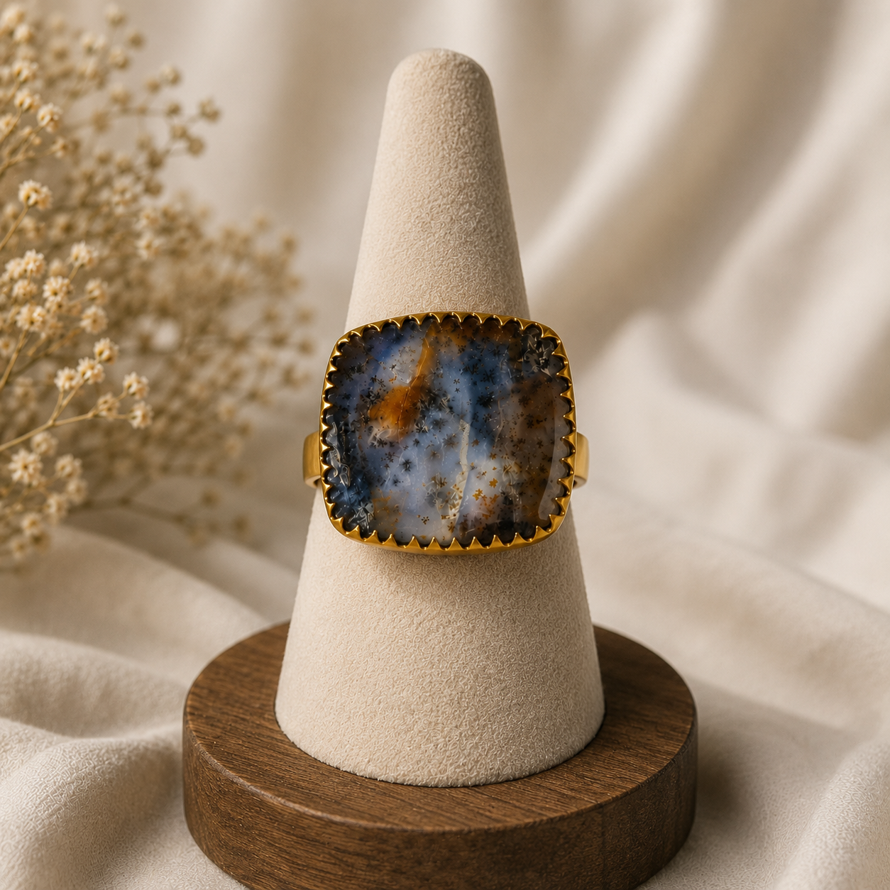 Twilight Matrix Cushion Ring – Gold Plated Dendritic Agate Statement Cocktail Ring