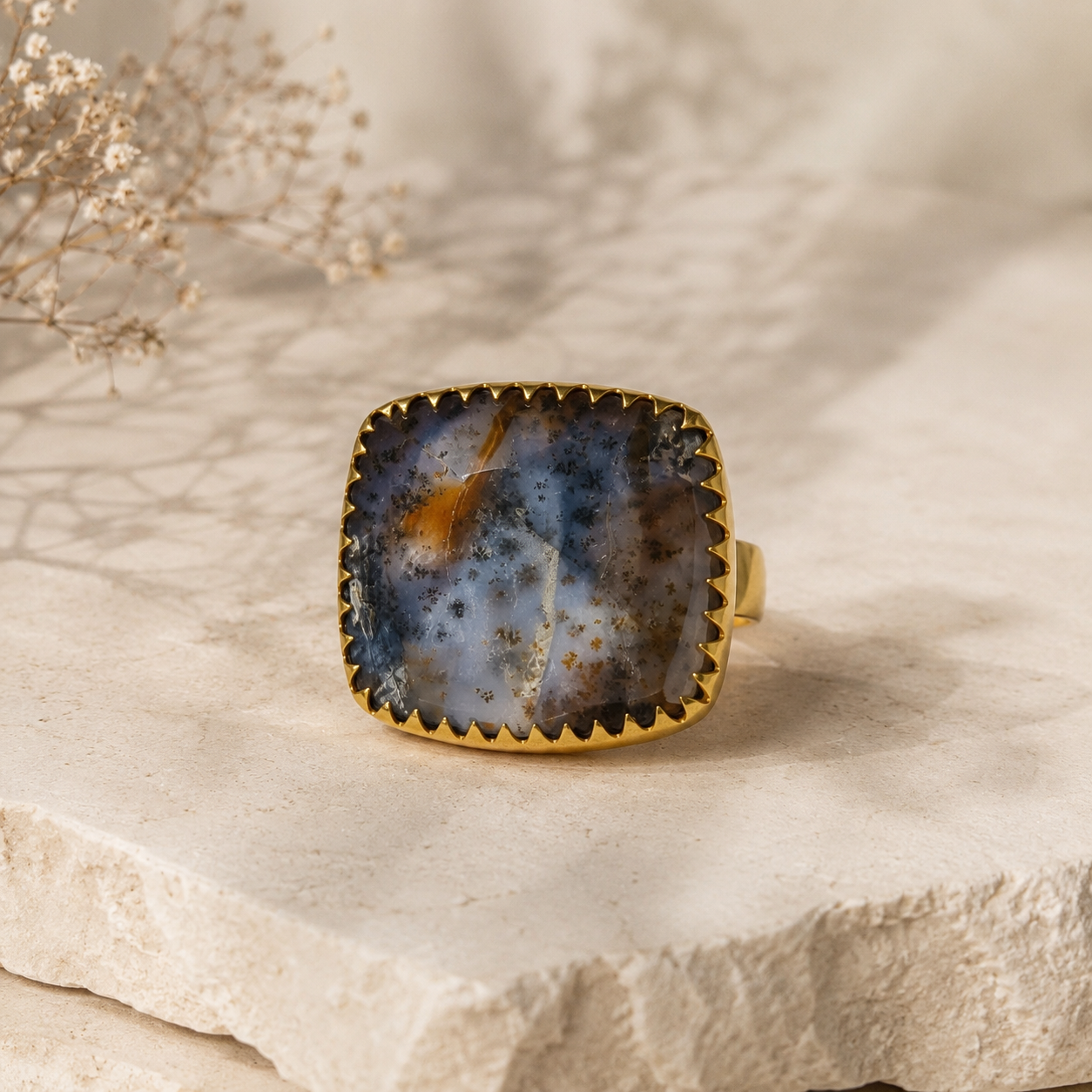 Twilight Matrix Cushion Ring – Gold Plated Dendritic Agate Statement Cocktail Ring