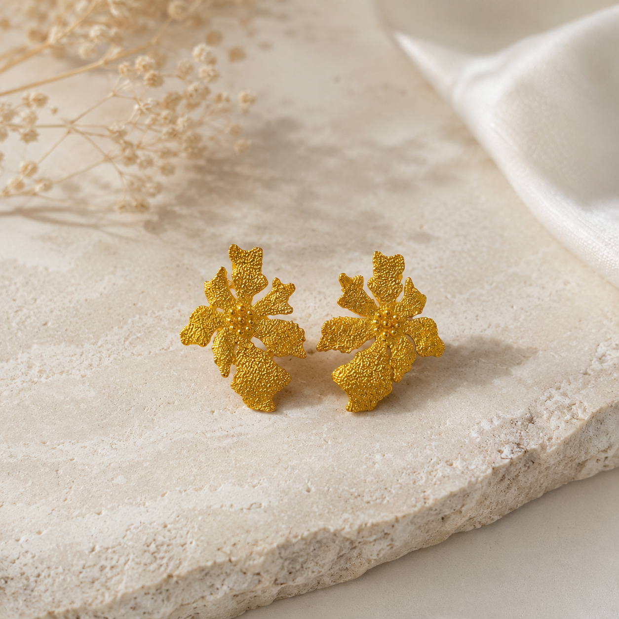 Golden Moss Blossom Earrings – Gold Plated Textured Botanical Statement Studs