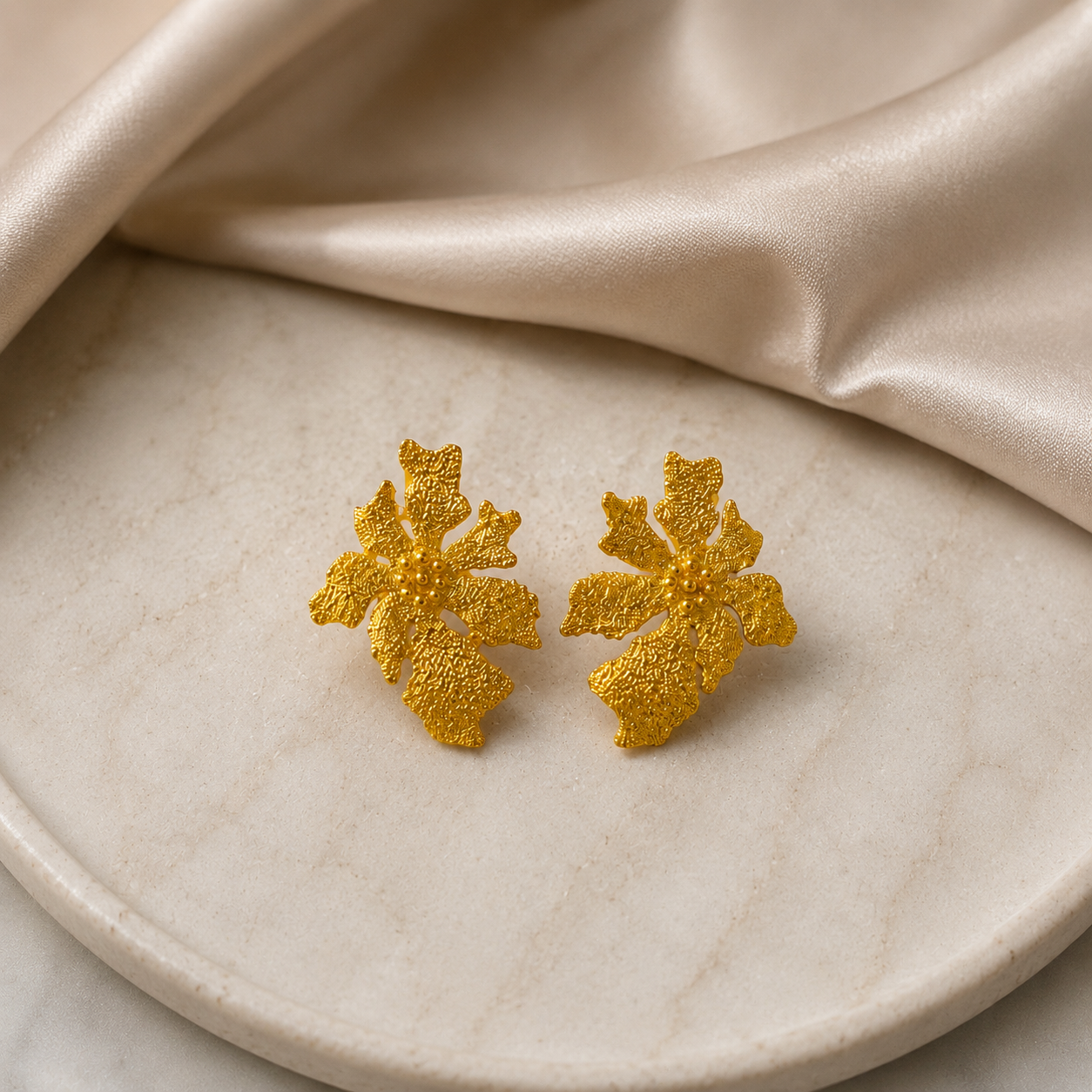 Golden Moss Blossom Earrings – Gold Plated Textured Botanical Statement Studs