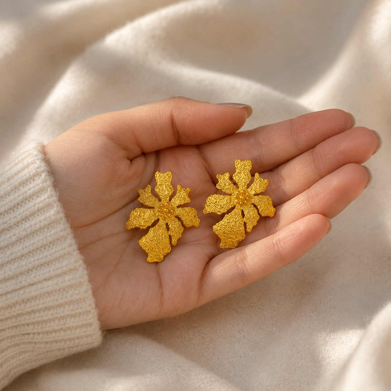 Golden Moss Blossom Earrings – Gold Plated Textured Botanical Statement Studs