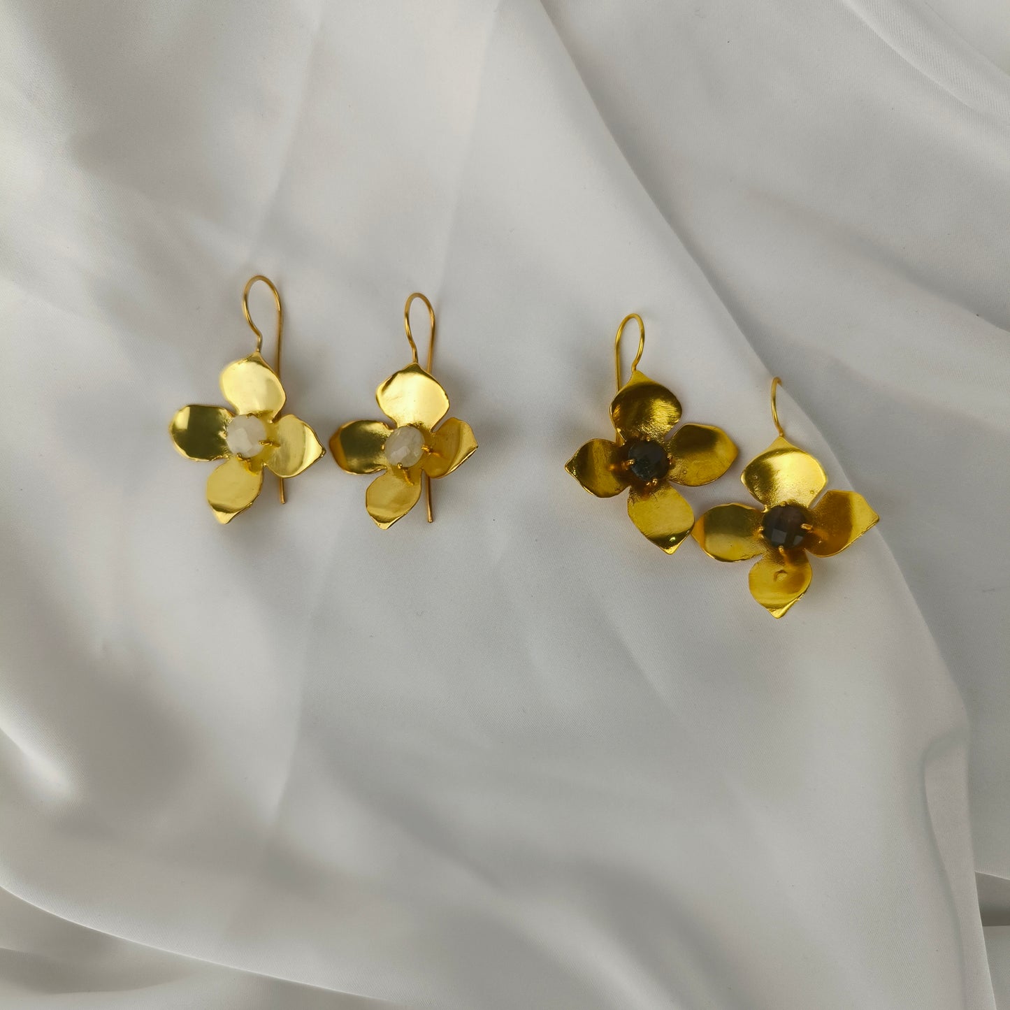 Imperial Four-Petal Blossom Drops – Gold Plated Botanical Statement Earrings