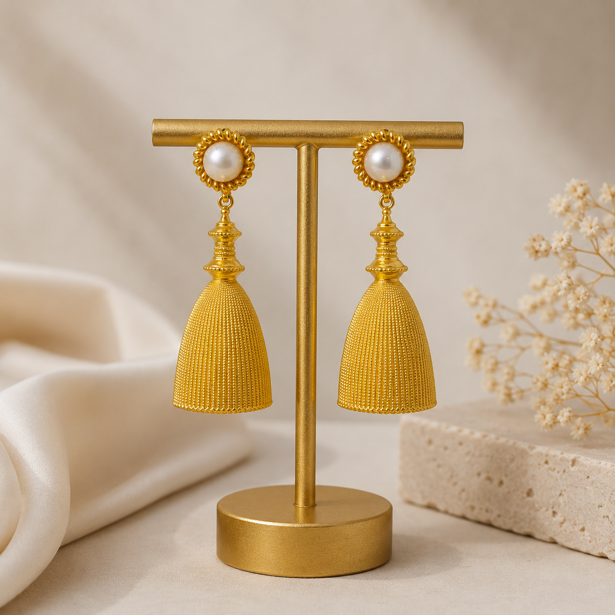 Regal Pearl Tassel Drops – Textured Gold Plated Statement Earrings