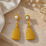 Regal Pearl Tassel Drops – Textured Gold Plated Statement Earrings