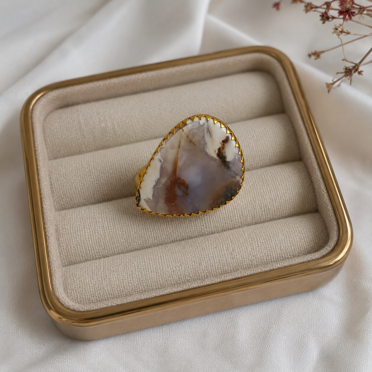 Terra Silhouette Cocktail Ring – Gold Plated Agate Shield Statement Ring