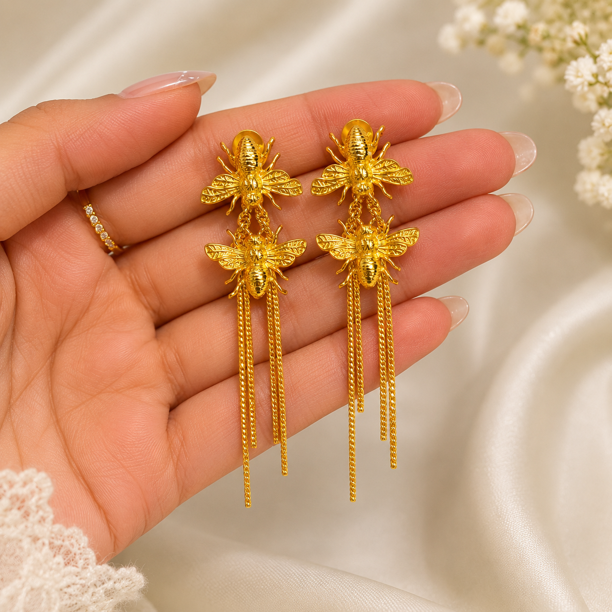 Product Title: Honeyveil Dangle Earrings – Gold Plated Twin Bee Tassel Chandelier Earrings