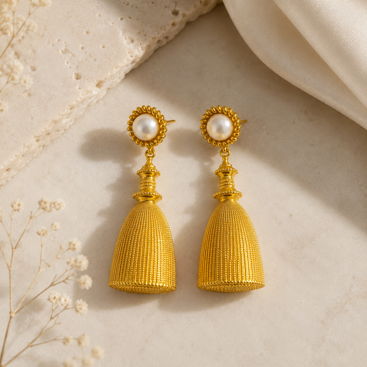 Regal Pearl Tassel Drops – Textured Gold Plated Statement Earrings