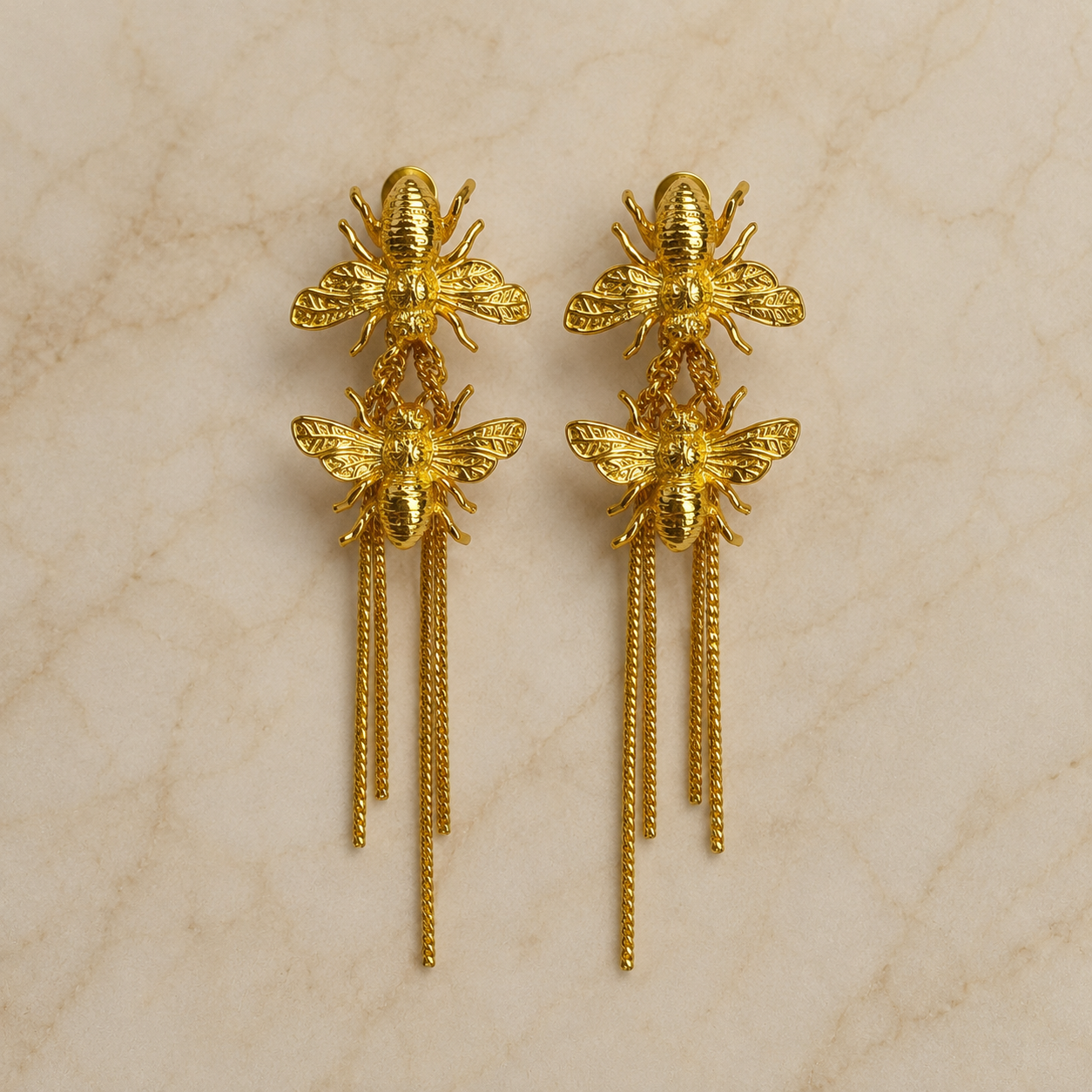 Product Title: Honeyveil Dangle Earrings – Gold Plated Twin Bee Tassel Chandelier Earrings