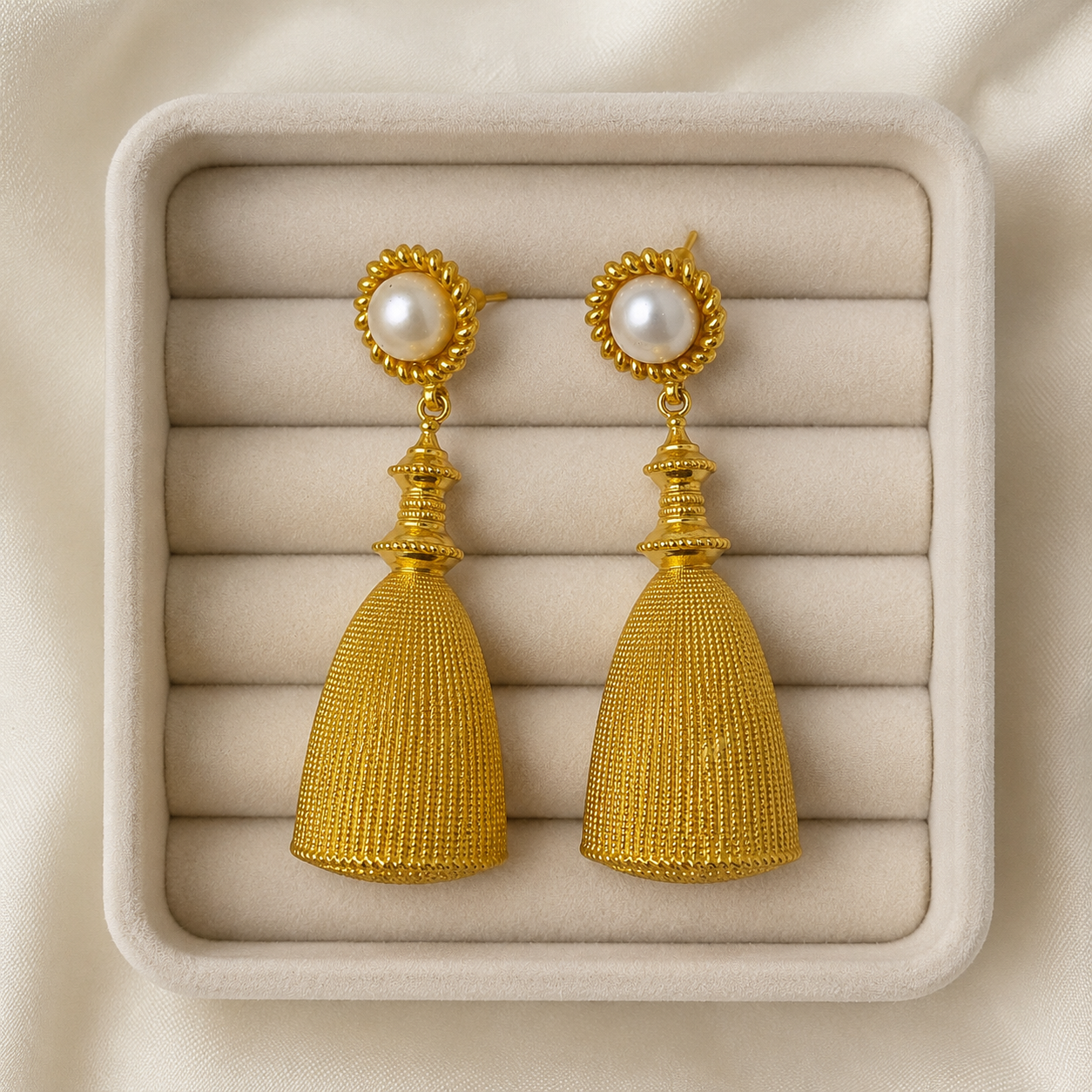 Regal Pearl Tassel Drops – Textured Gold Plated Statement Earrings