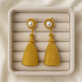 Regal Pearl Tassel Drops – Textured Gold Plated Statement Earrings