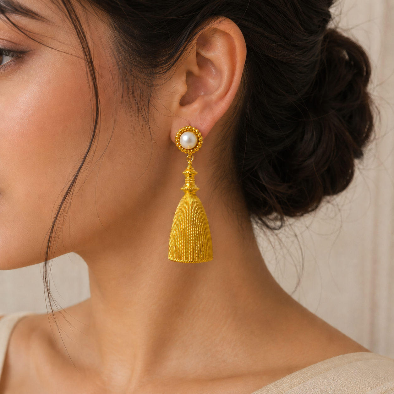 Regal Pearl Tassel Drops – Textured Gold Plated Statement Earrings
