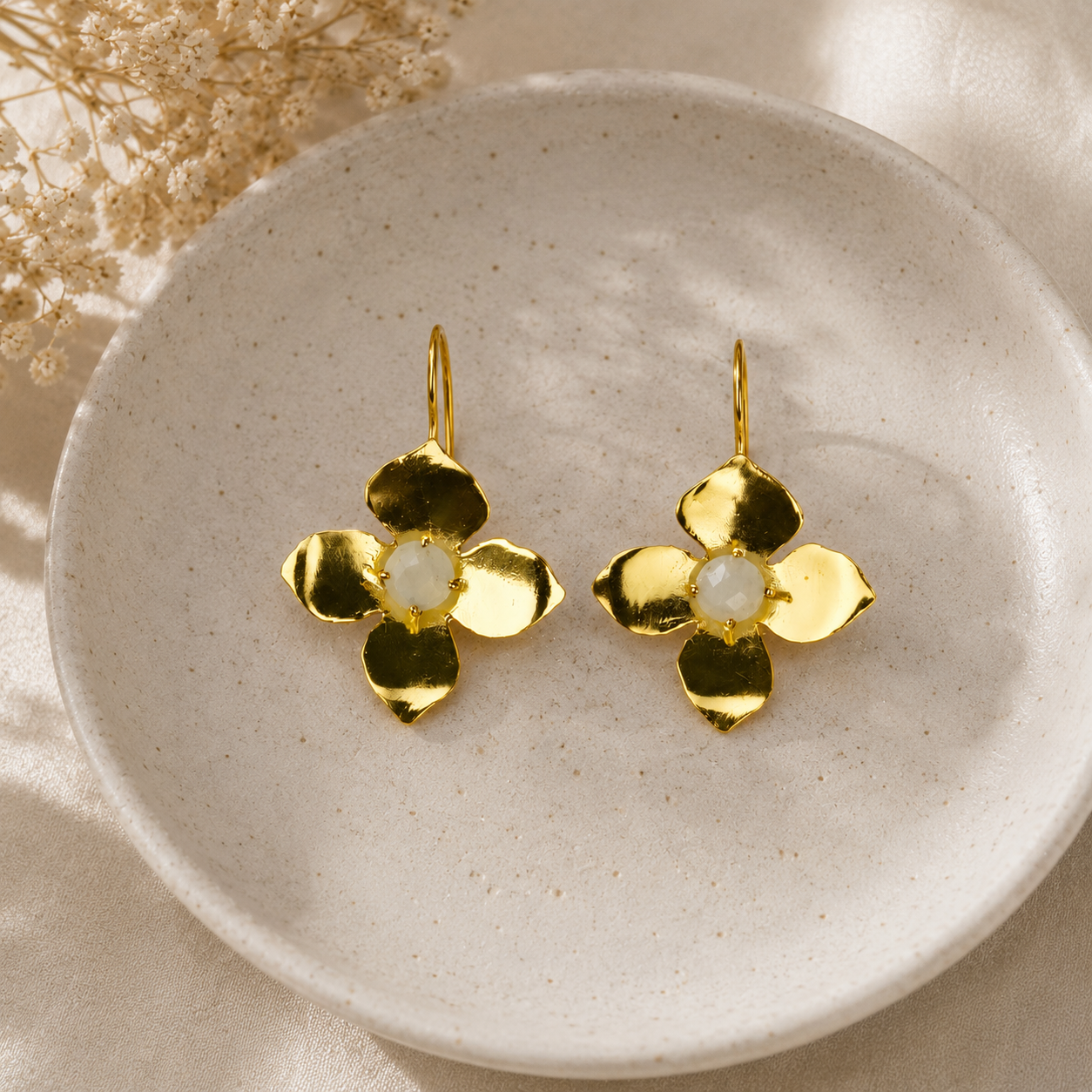 Imperial Four-Petal Blossom Drops – Gold Plated Botanical Statement Earrings