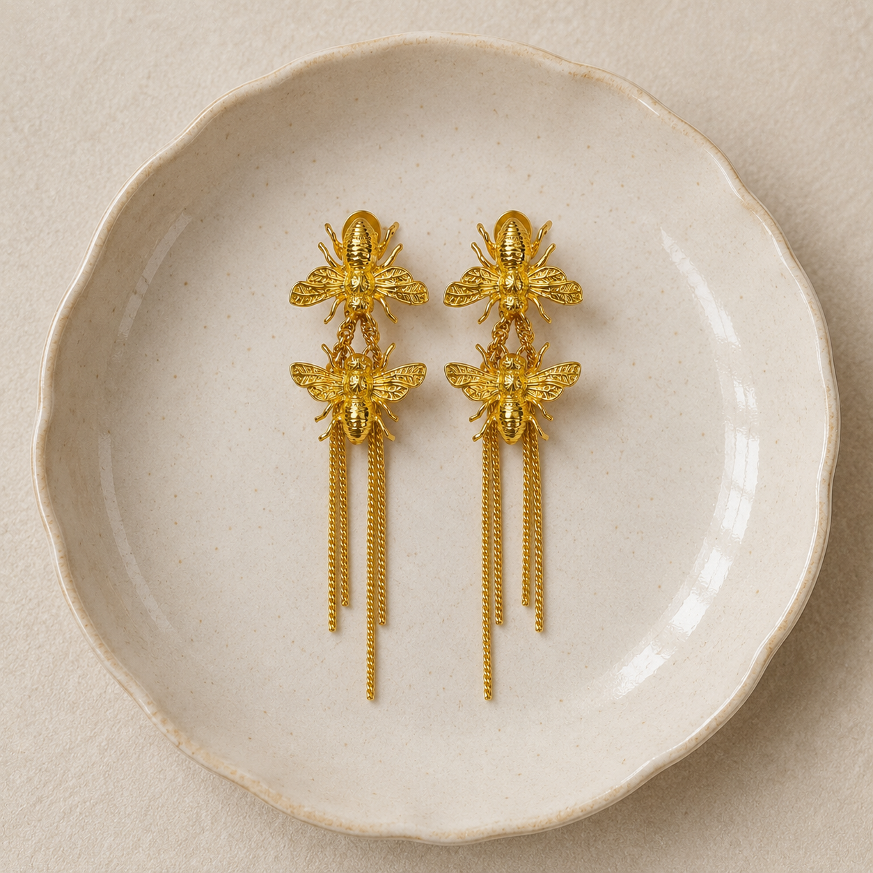 Product Title: Honeyveil Dangle Earrings – Gold Plated Twin Bee Tassel Chandelier Earrings