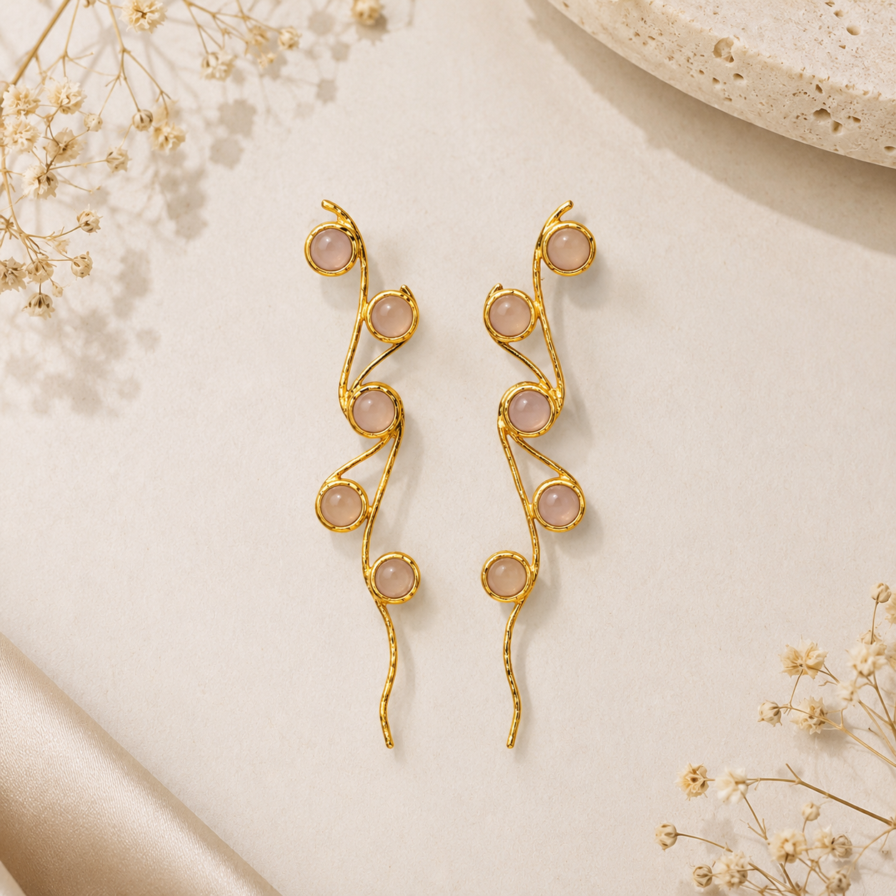Pink Berry Cascade Drops – Gold Plated Botanical Statement Earrings