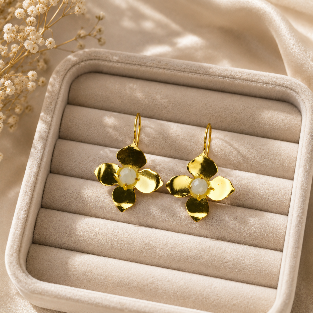Imperial Four-Petal Blossom Drops – Gold Plated Botanical Statement Earrings