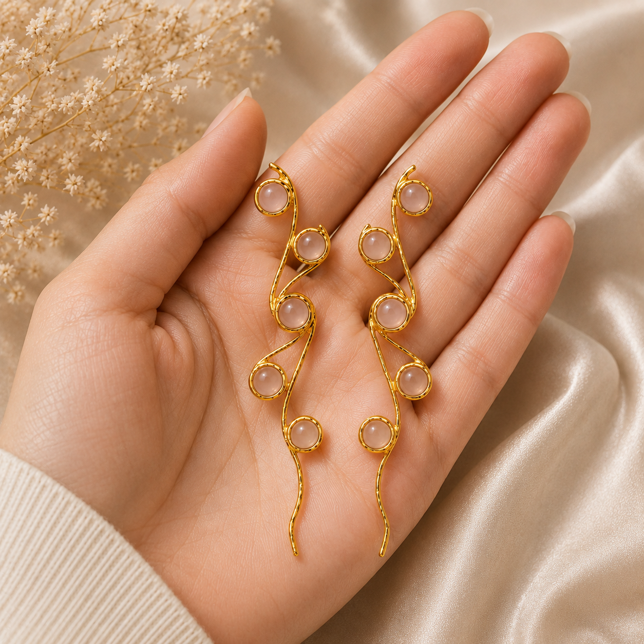 Pink Berry Cascade Drops – Gold Plated Botanical Statement Earrings