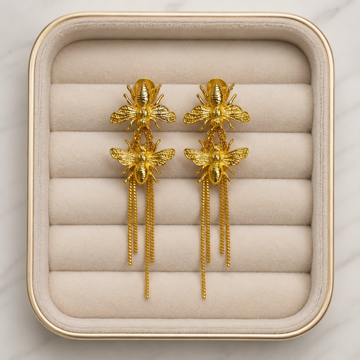 Product Title: Honeyveil Dangle Earrings – Gold Plated Twin Bee Tassel Chandelier Earrings