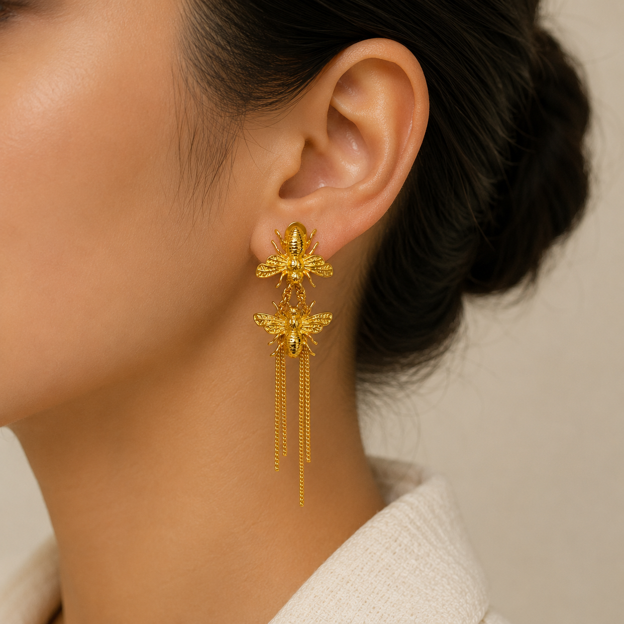 Product Title: Honeyveil Dangle Earrings – Gold Plated Twin Bee Tassel Chandelier Earrings