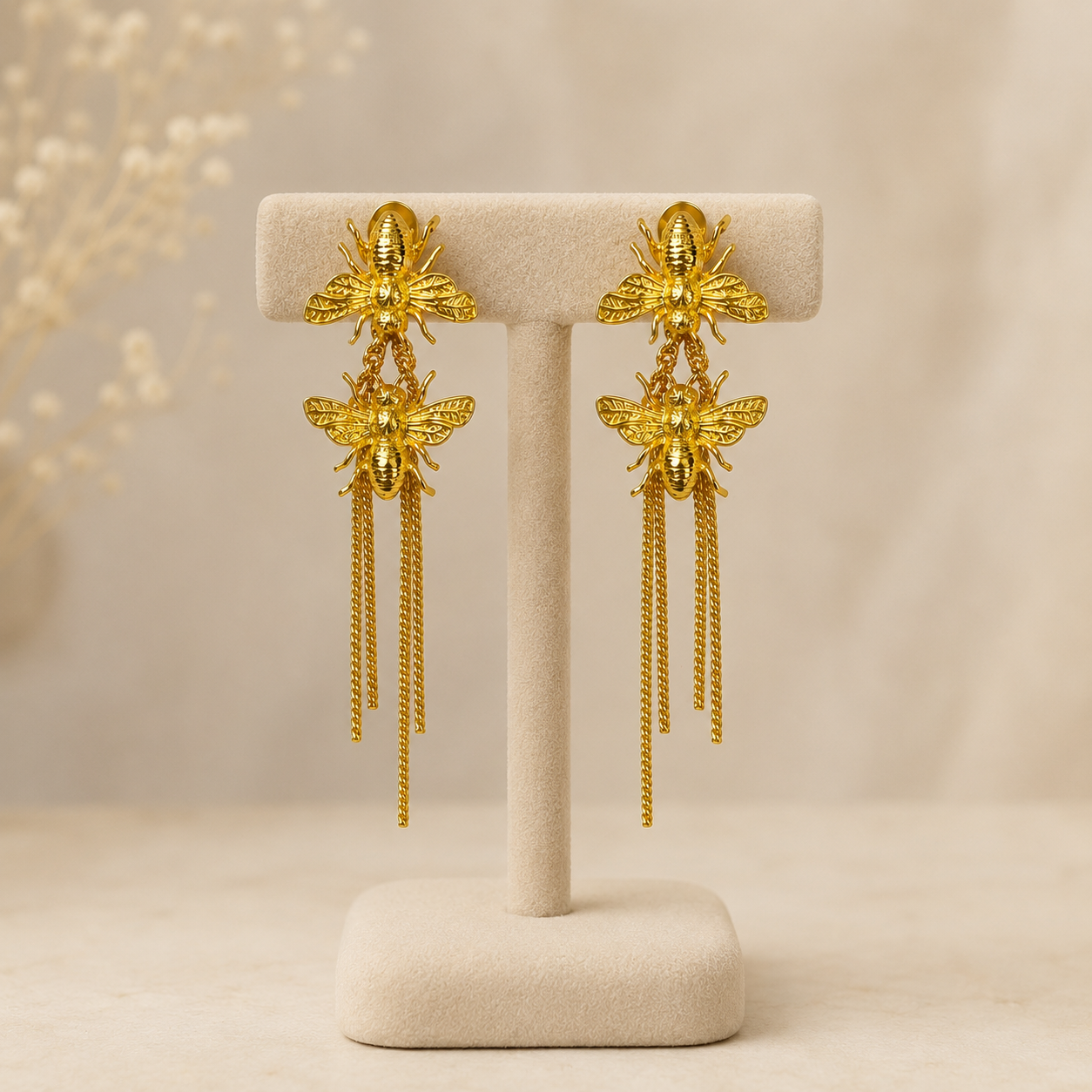 Product Title: Honeyveil Dangle Earrings – Gold Plated Twin Bee Tassel Chandelier Earrings