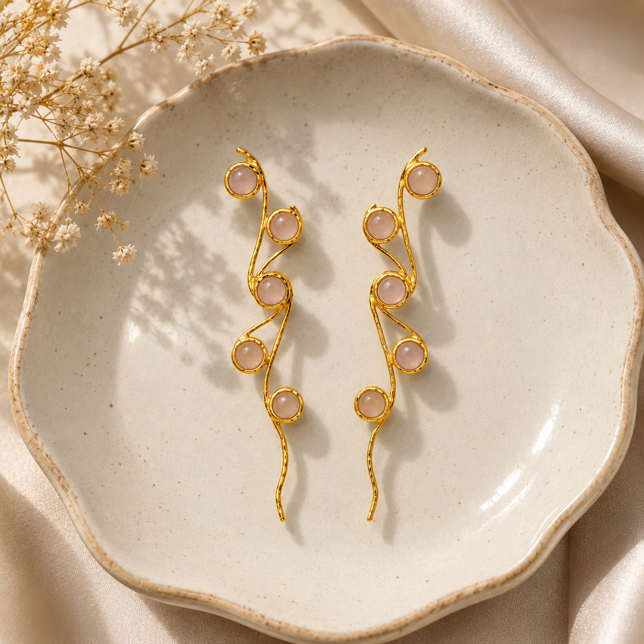 Pink Berry Cascade Drops – Gold Plated Botanical Statement Earrings