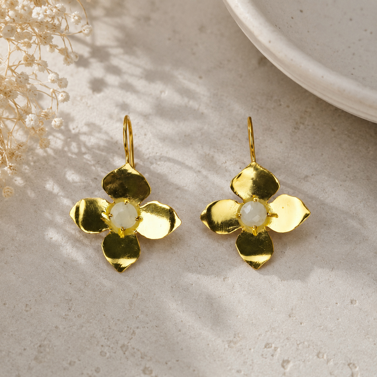 Imperial Four-Petal Blossom Drops – Gold Plated Botanical Statement Earrings