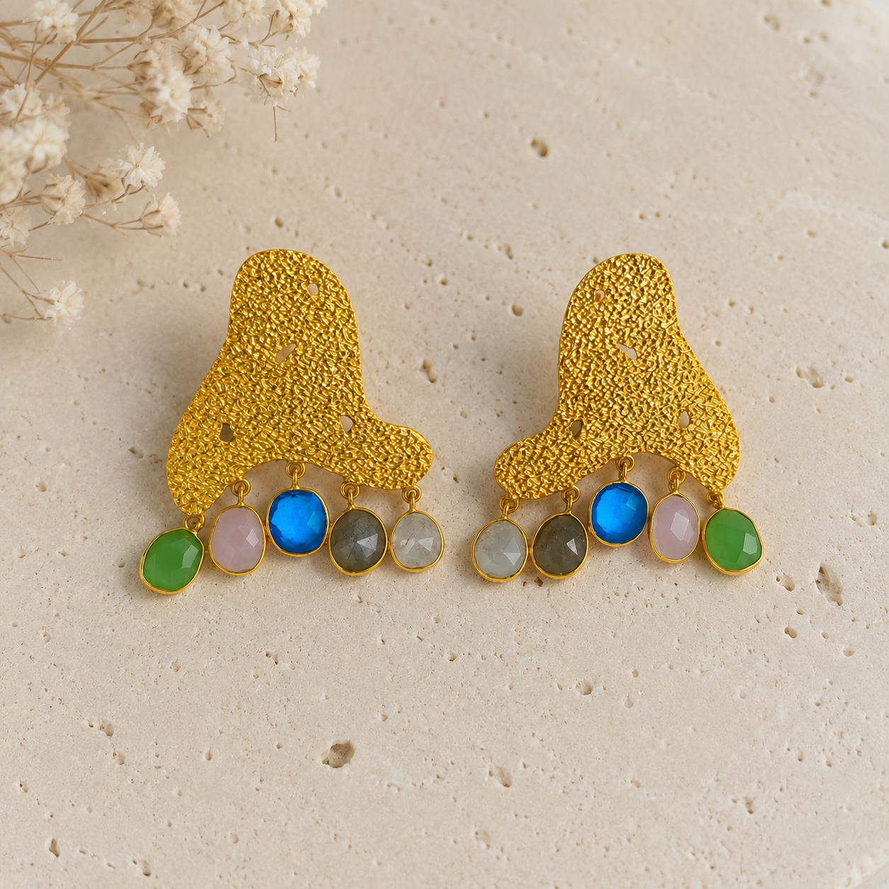 Textured Horizon Multi-Gem Dangles – Sculptural Gold Plated Statement Earrings