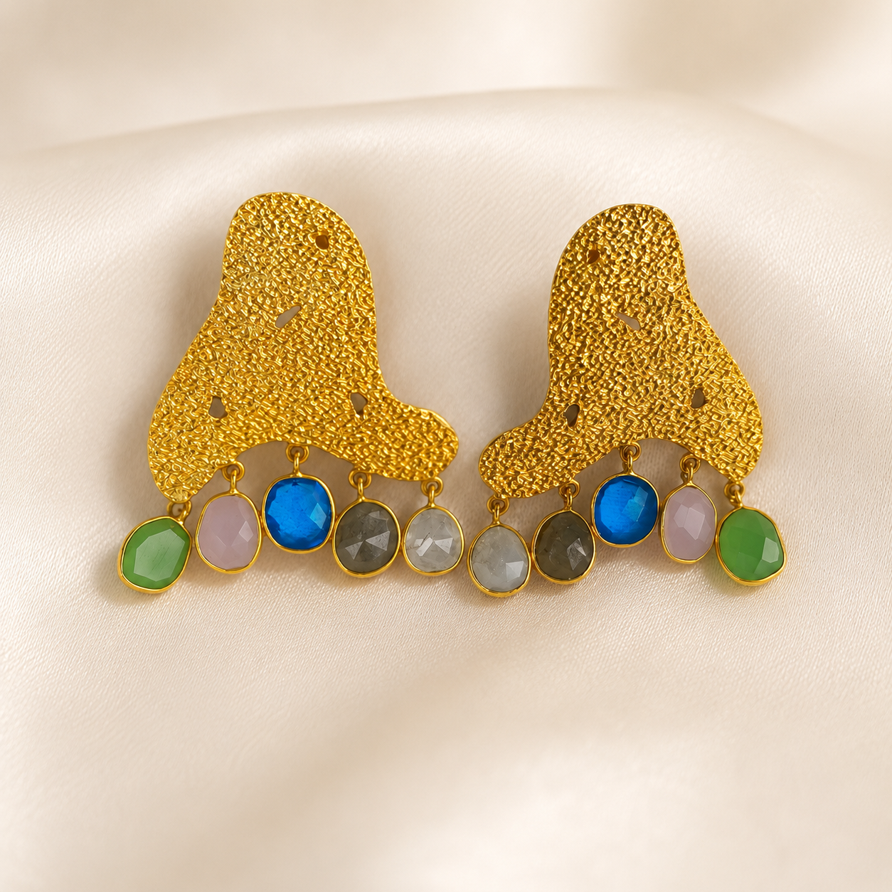 Textured Horizon Multi-Gem Dangles – Sculptural Gold Plated Statement Earrings