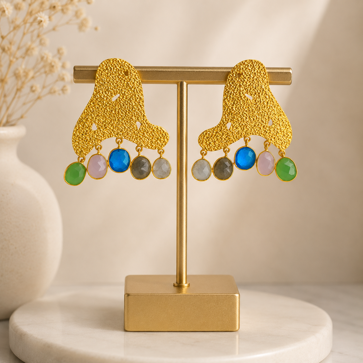 Textured Horizon Multi-Gem Dangles – Sculptural Gold Plated Statement Earrings