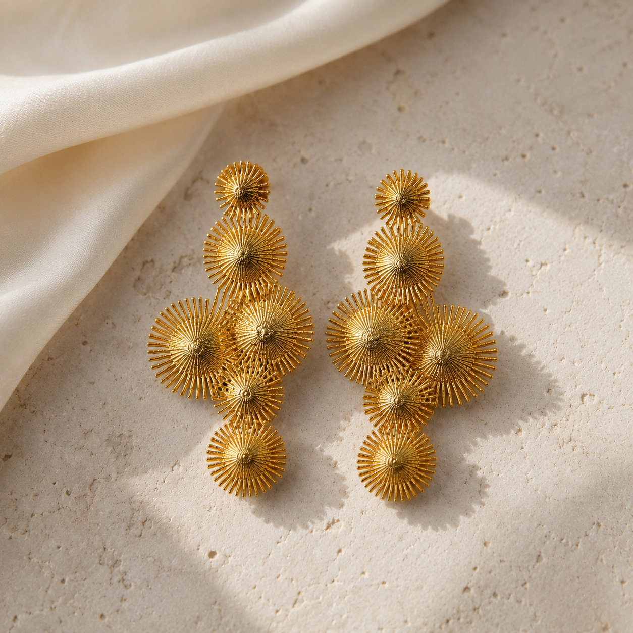 Celestial Tiered Flare Dangles – Textured Gold Plated Statement Earrings