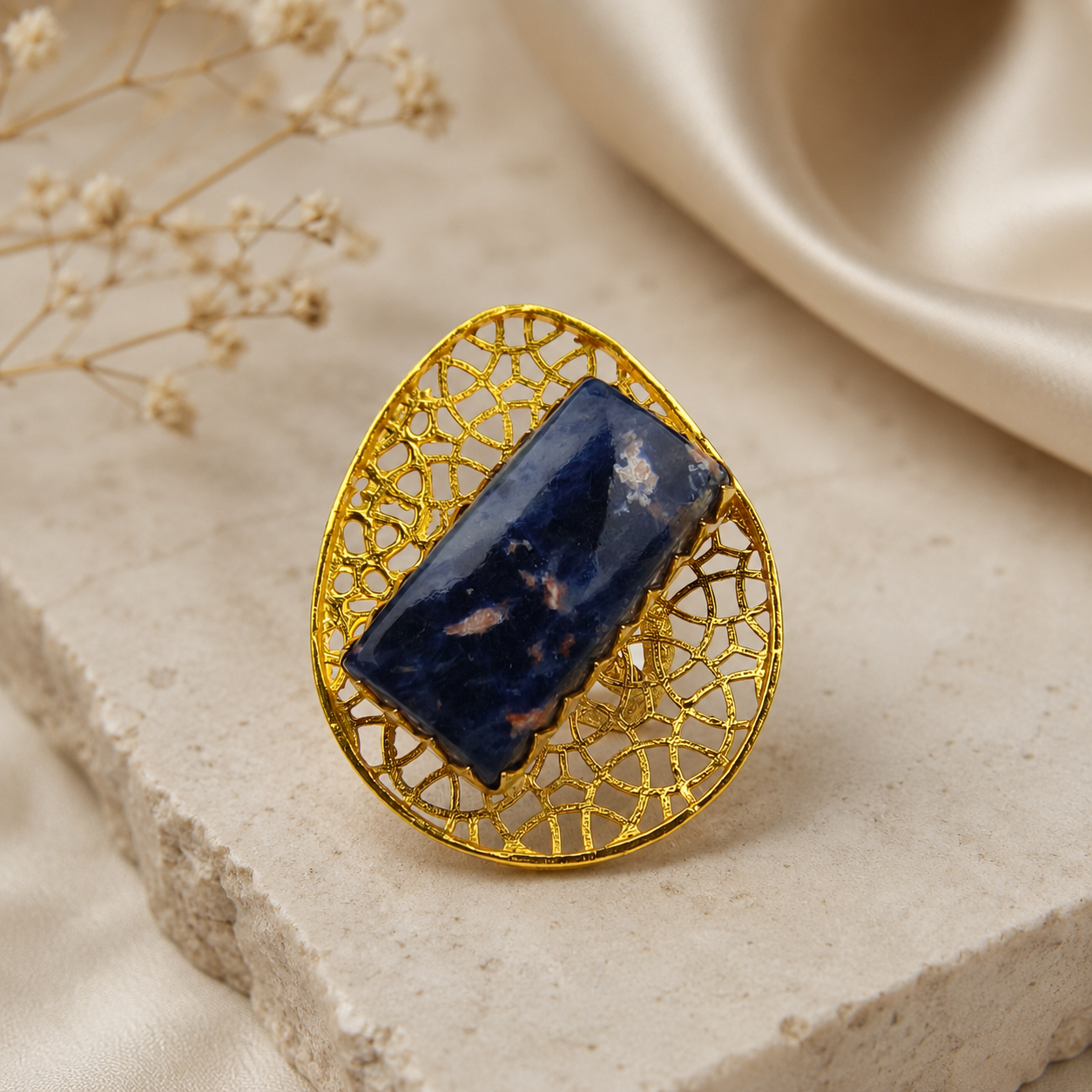 Cobalt Matrix Monolith Ring – Gold Plated Sodalite Blue Gemstone Filigree Cocktail Ring