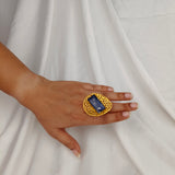 Cobalt Matrix Monolith Ring – Gold Plated Sodalite Blue Gemstone Filigree Cocktail Ring