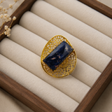 Cobalt Matrix Monolith Ring – Gold Plated Sodalite Blue Gemstone Filigree Cocktail Ring