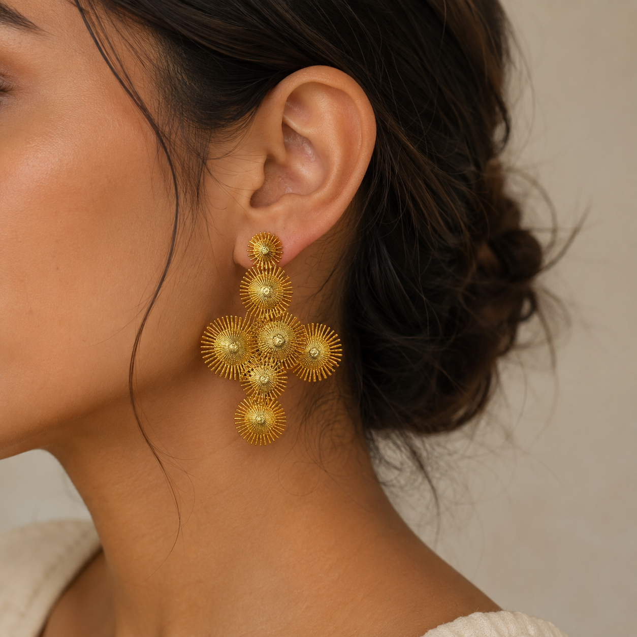 Celestial Tiered Flare Dangles – Textured Gold Plated Statement Earrings