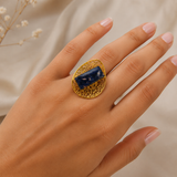 Cobalt Matrix Monolith Ring – Gold Plated Sodalite Blue Gemstone Filigree Cocktail Ring