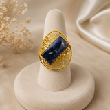 Cobalt Matrix Monolith Ring – Gold Plated Sodalite Blue Gemstone Filigree Cocktail Ring