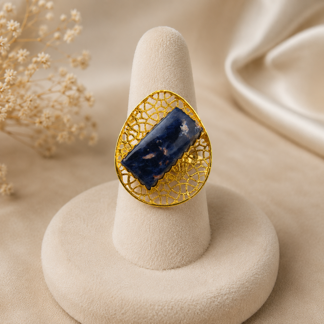 Cobalt Matrix Monolith Ring – Gold Plated Sodalite Blue Gemstone Filigree Cocktail Ring