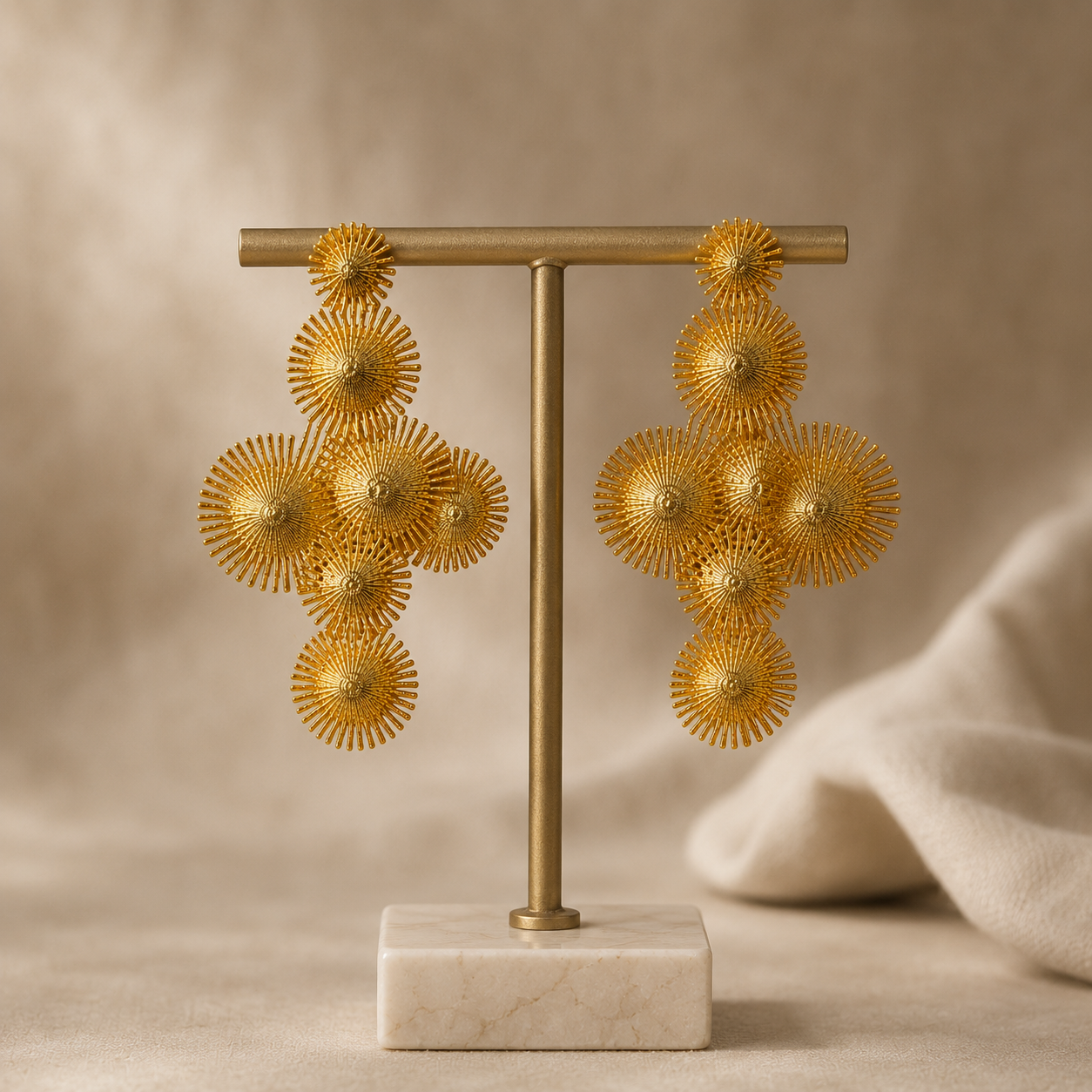 Celestial Tiered Flare Dangles – Textured Gold Plated Statement Earrings