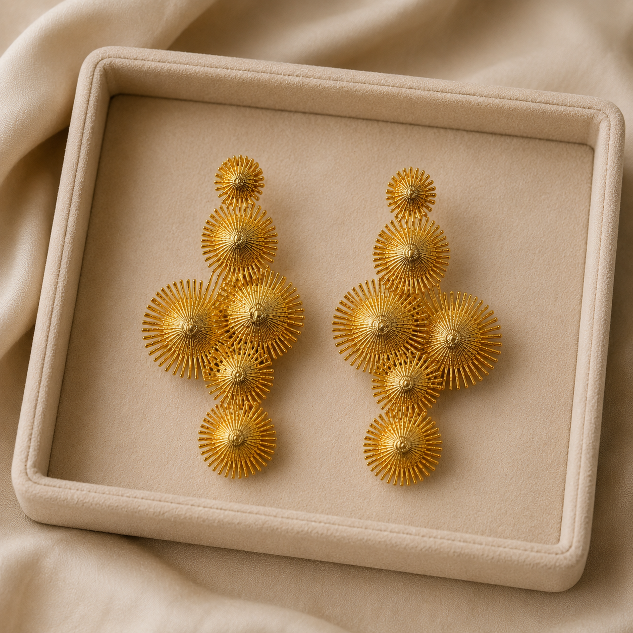 Celestial Tiered Flare Dangles – Textured Gold Plated Statement Earrings