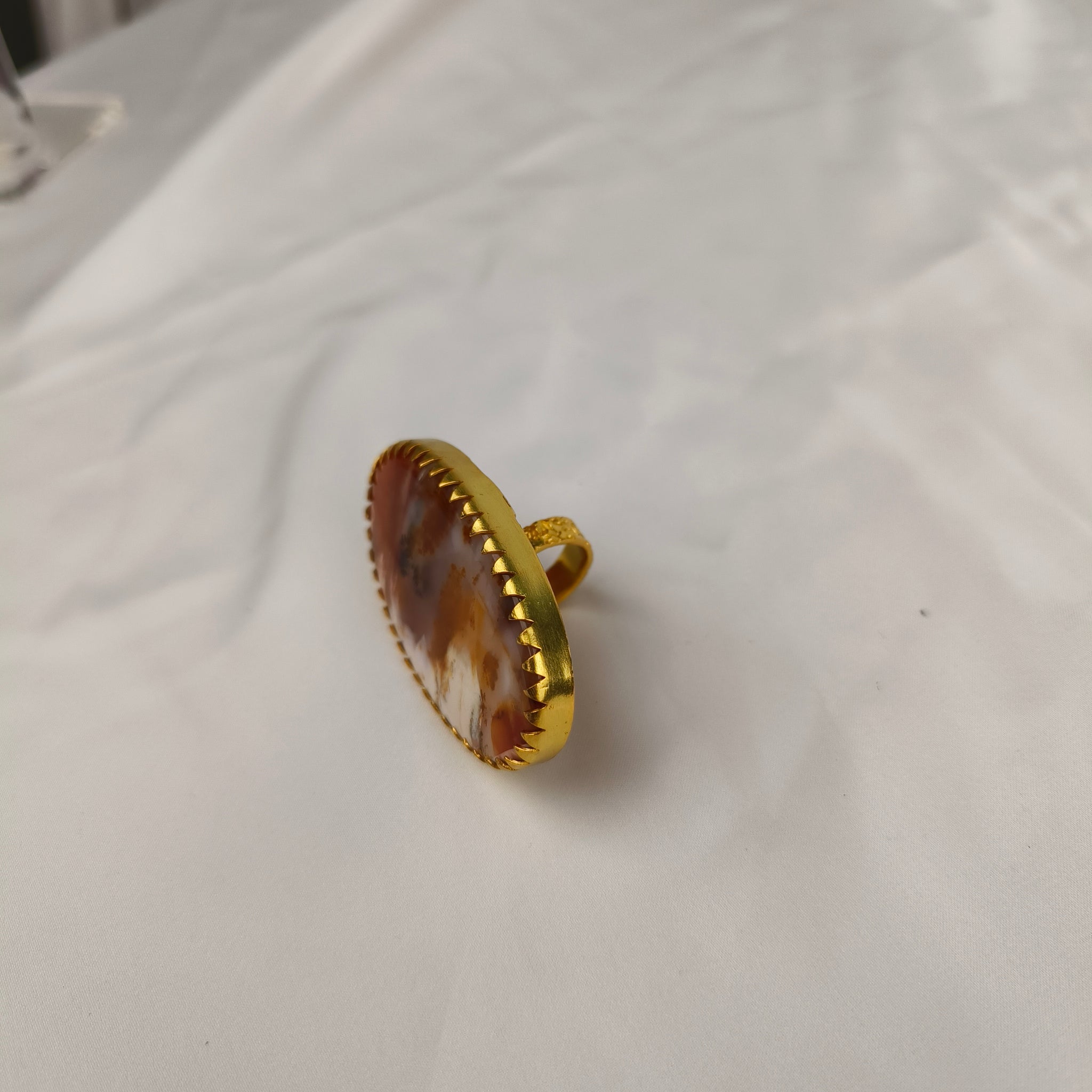 Dendritic Desert Oval Cocktail Ring – Gold Plated Scenic Agate Statement Ring