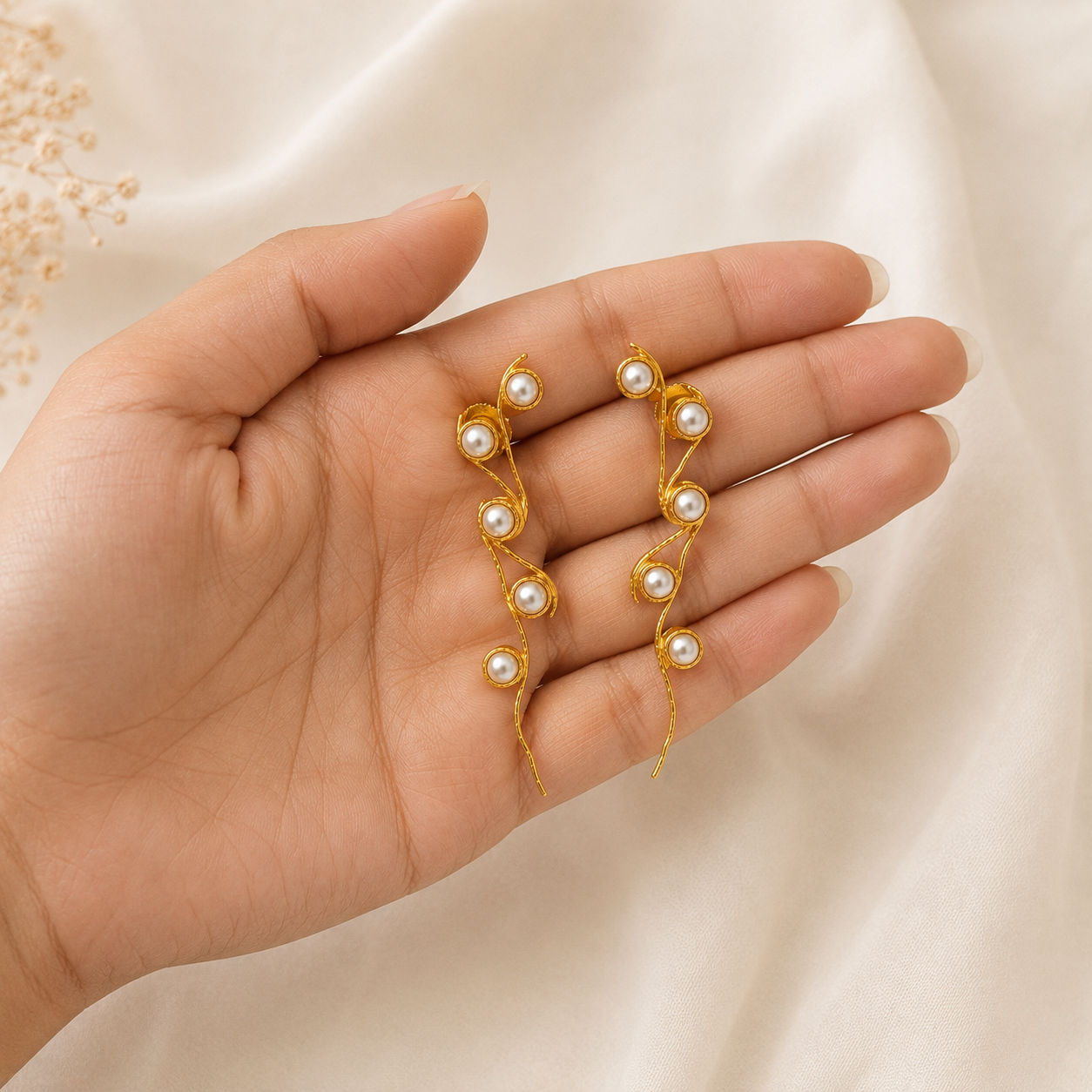 Serenade Luminous Pearl Drops –  Gold Plated Botanical Statement Earrings