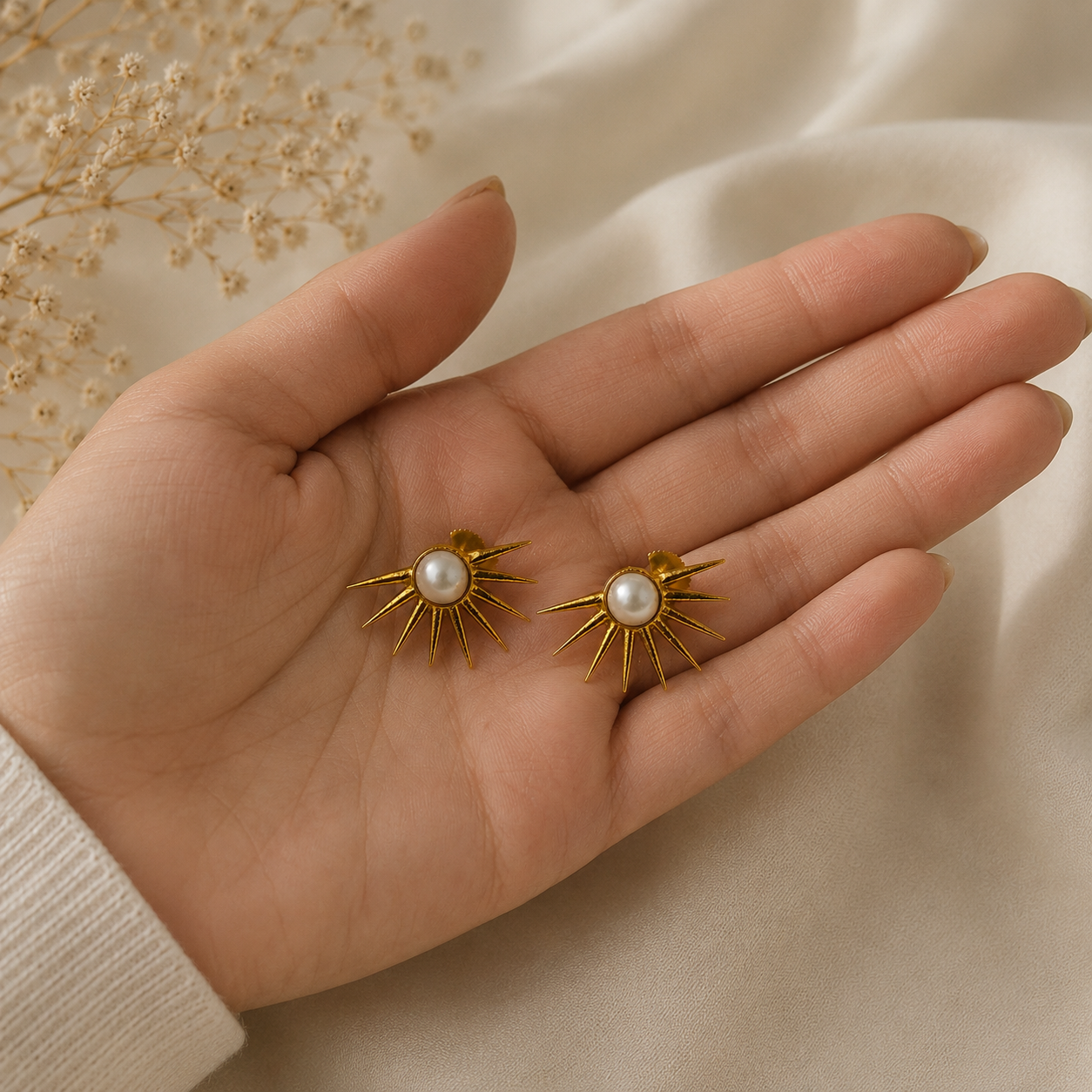 Radiant Pearl Sunburst Studs – Gold Plated Celestial Pearl Statement Earrings