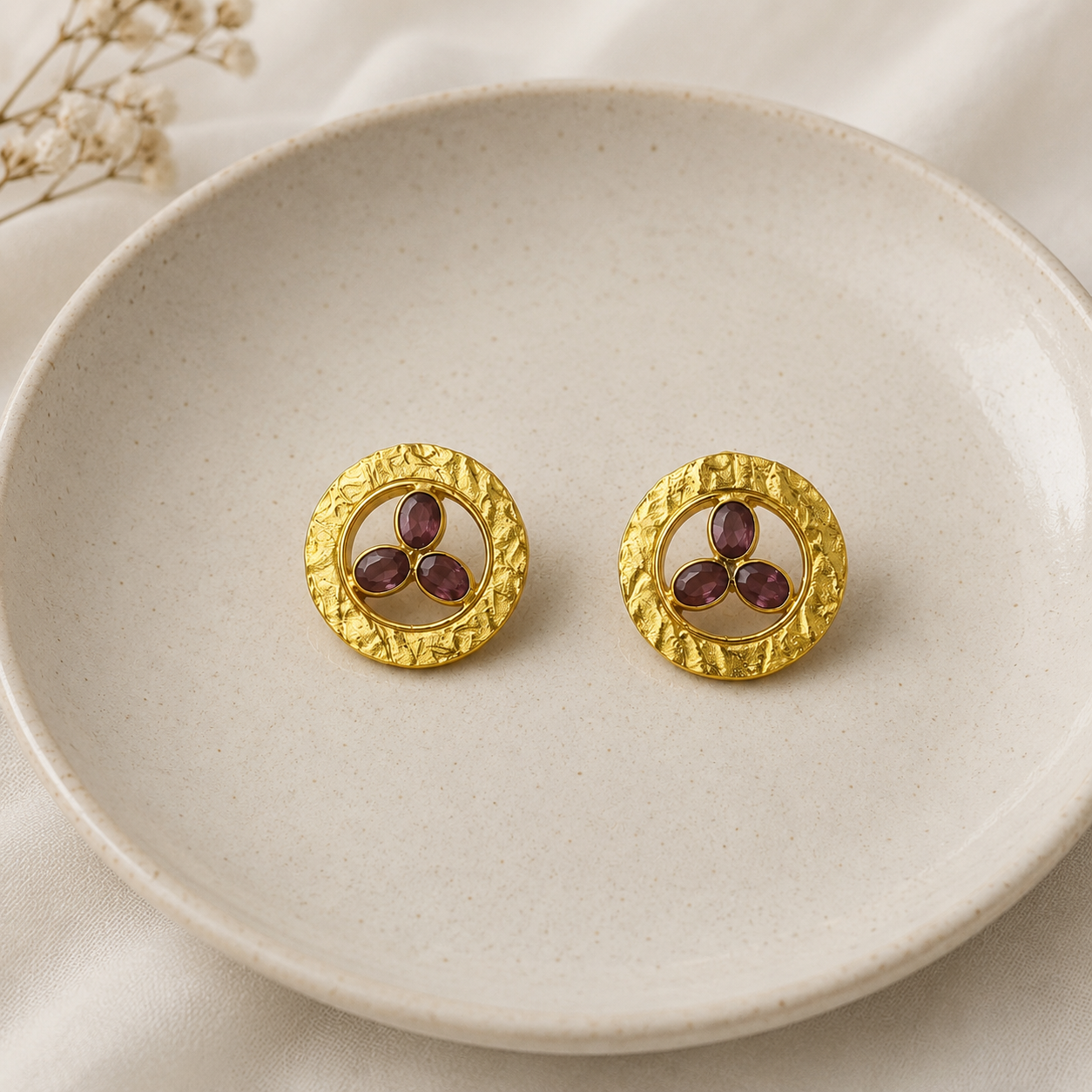 Molten Open-Disk Statement Earrings –  Gold Plated Purple Tourmaline Studs