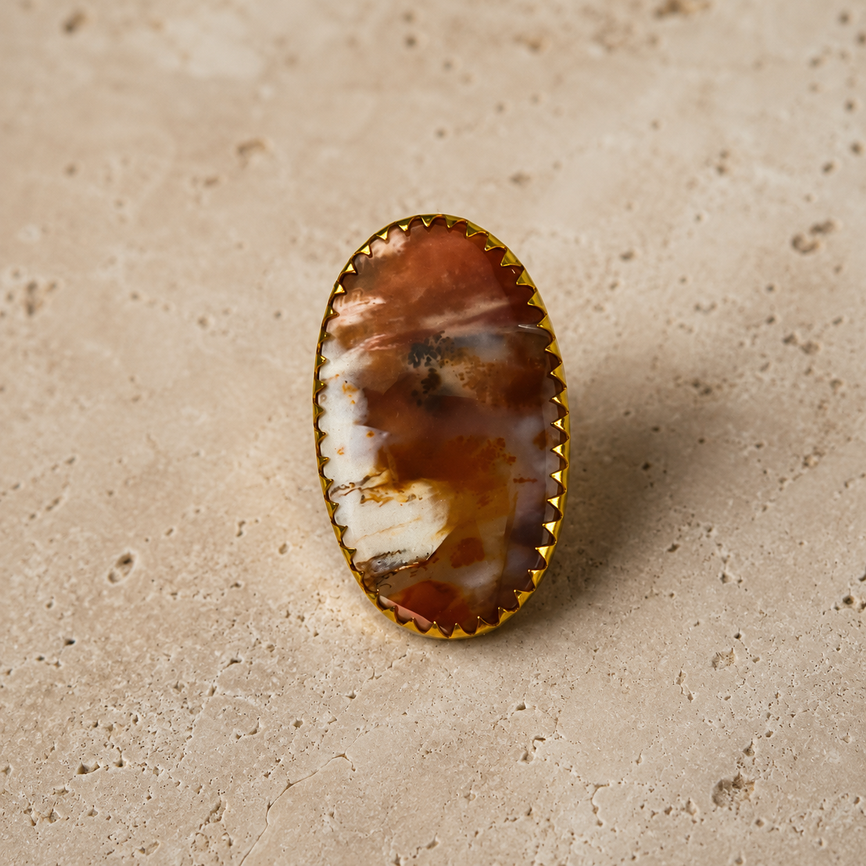 Dendritic Desert Oval Cocktail Ring – Gold Plated Scenic Agate Statement Ring