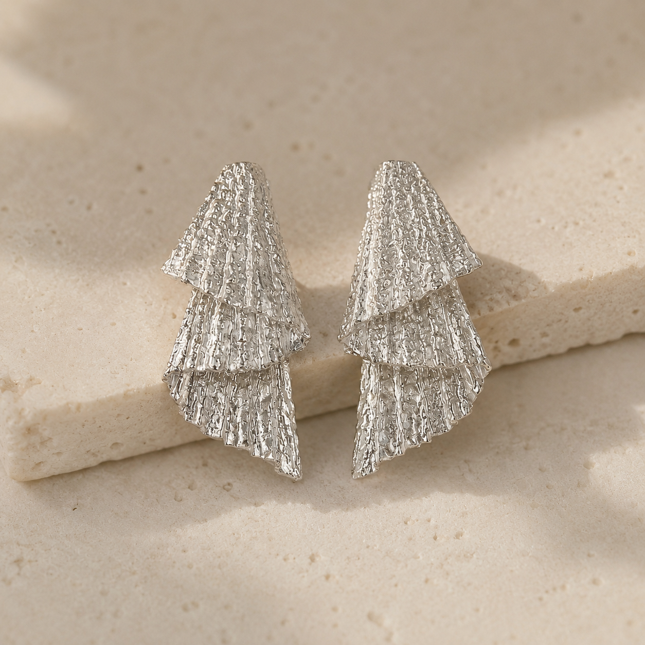Abstract Wavy Drops – Silver Plated Textured Multi-Tiered Cascading Statement Studs