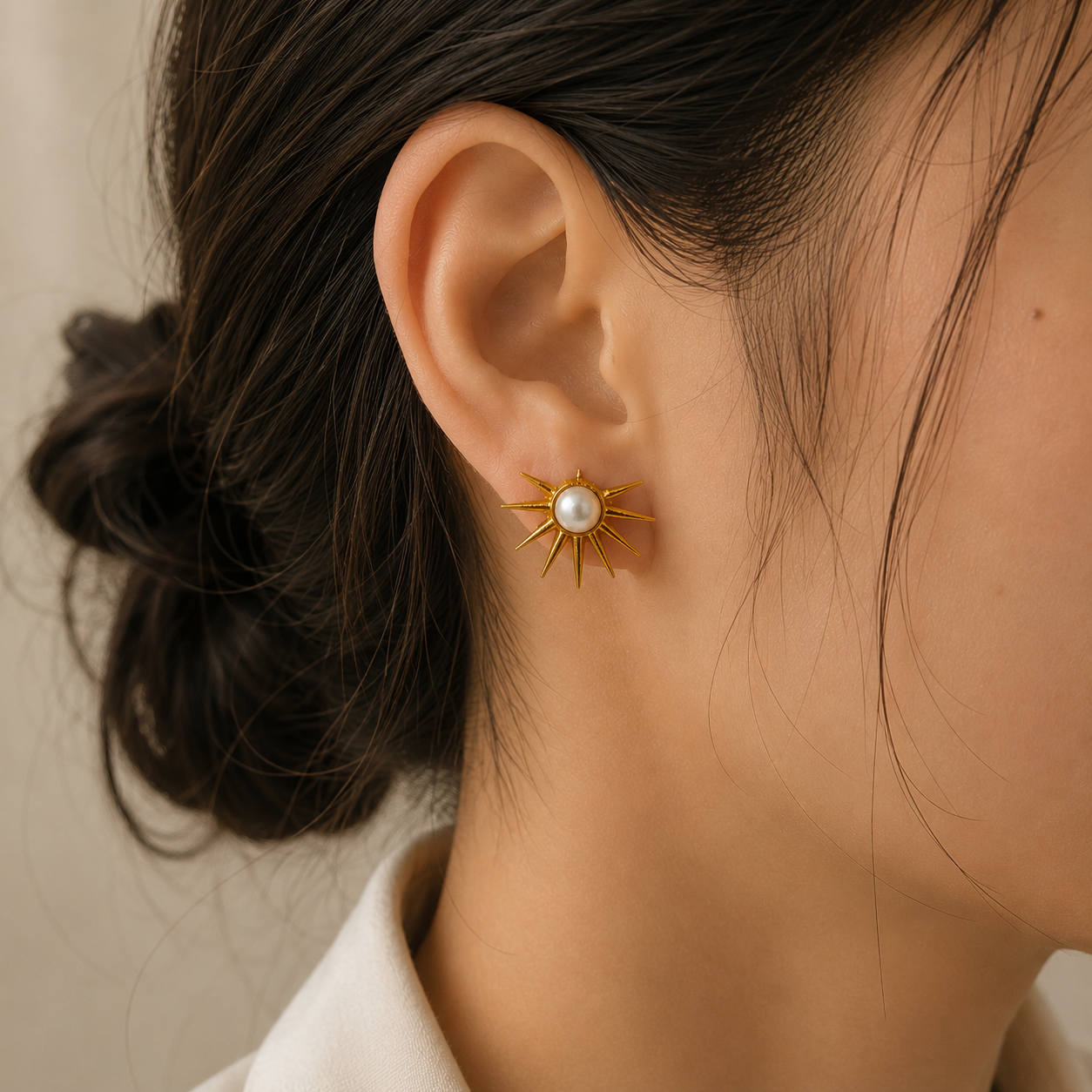 Radiant Pearl Sunburst Studs – Gold Plated Celestial Pearl Statement Earrings