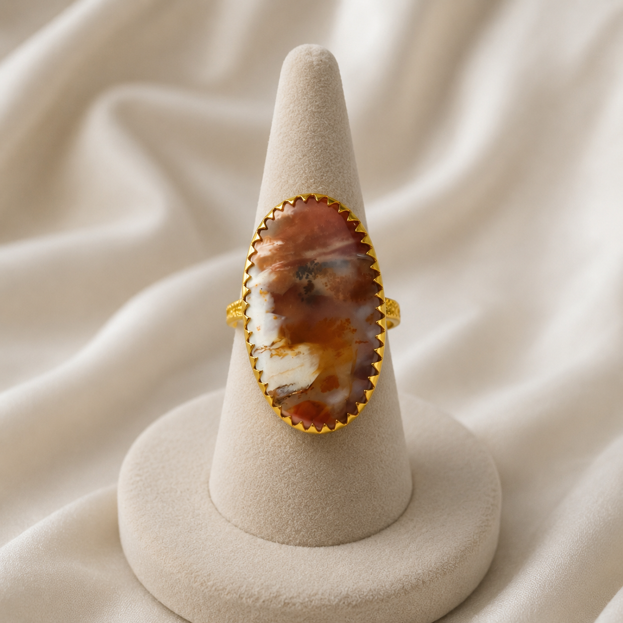 Dendritic Desert Oval Cocktail Ring – Gold Plated Scenic Agate Statement Ring