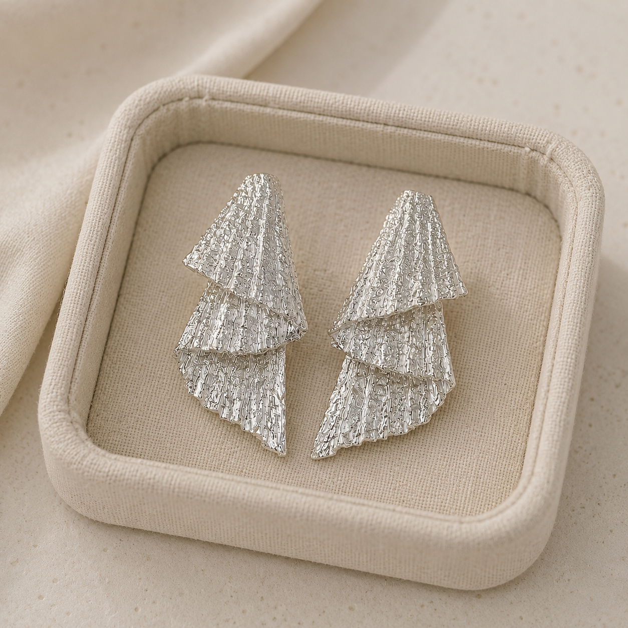 Abstract Wavy Drops – Silver Plated Textured Multi-Tiered Cascading Statement Studs