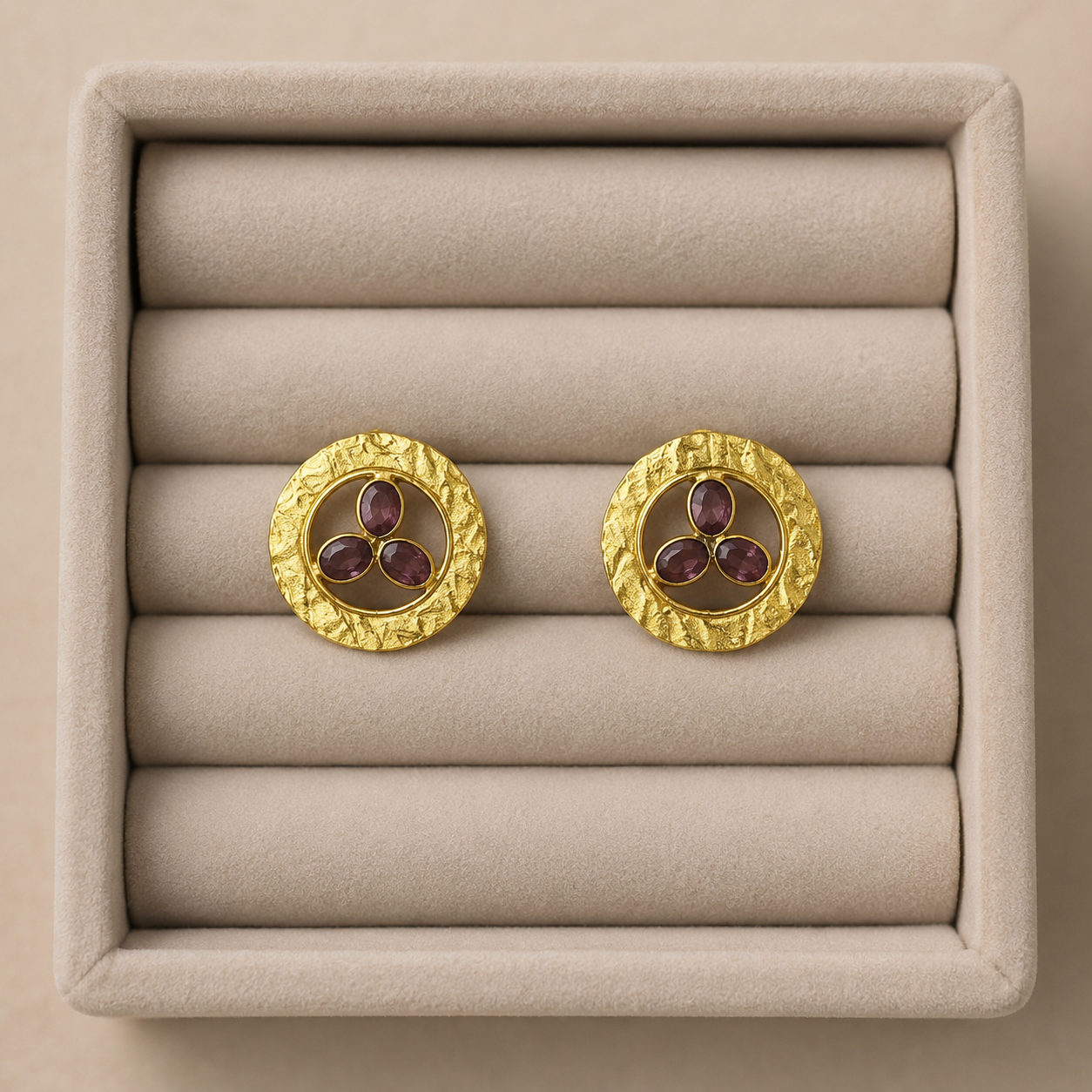 Molten Open-Disk Statement Earrings –  Gold Plated Purple Tourmaline Studs
