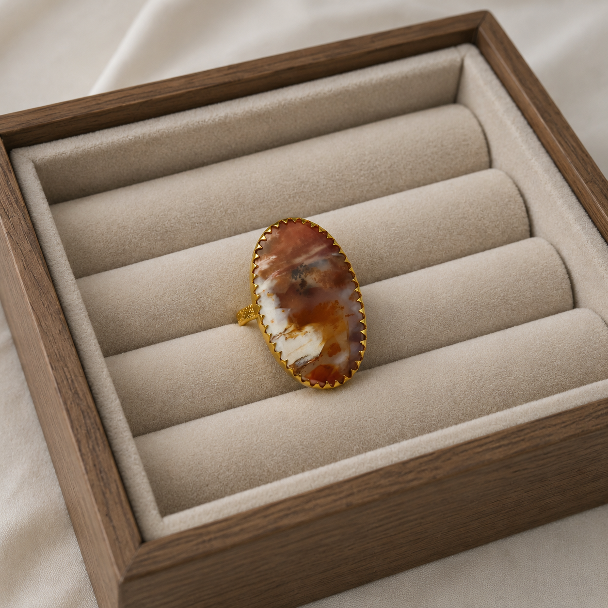 Dendritic Desert Oval Cocktail Ring – Gold Plated Scenic Agate Statement Ring